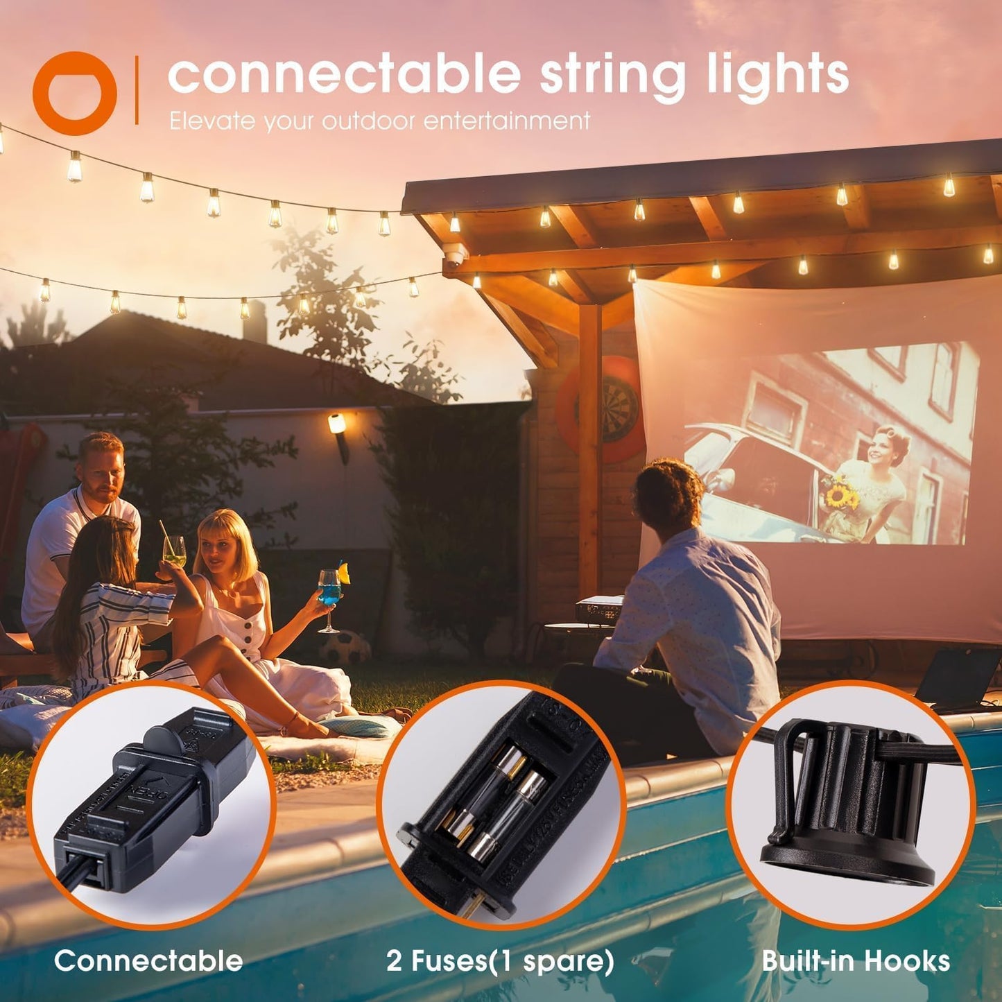 addlon 100FT(50FT*2) LED Outdoor String Lights Waterproof Patio Lights with 32 Shatterproof ST38 Replaceable Bulbs(2 Spare), Dimmable Outside Hanging Lights Connectable for Porch, Backyard, 2200K