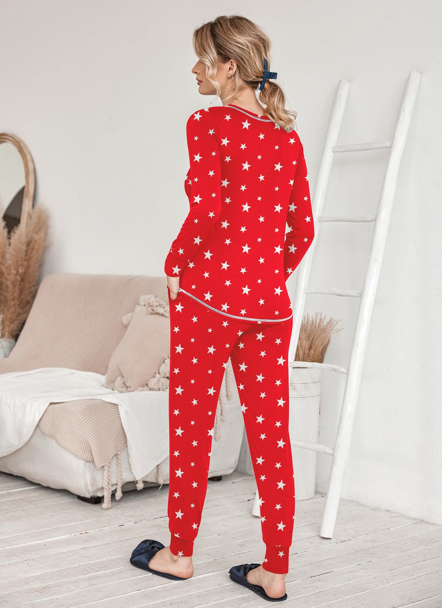 Ekouaer Pajamas Women's Long Sleeve Pj Set Soft 2 Piece Loungewear Sleepwear with Jogger Pants XS-3XL