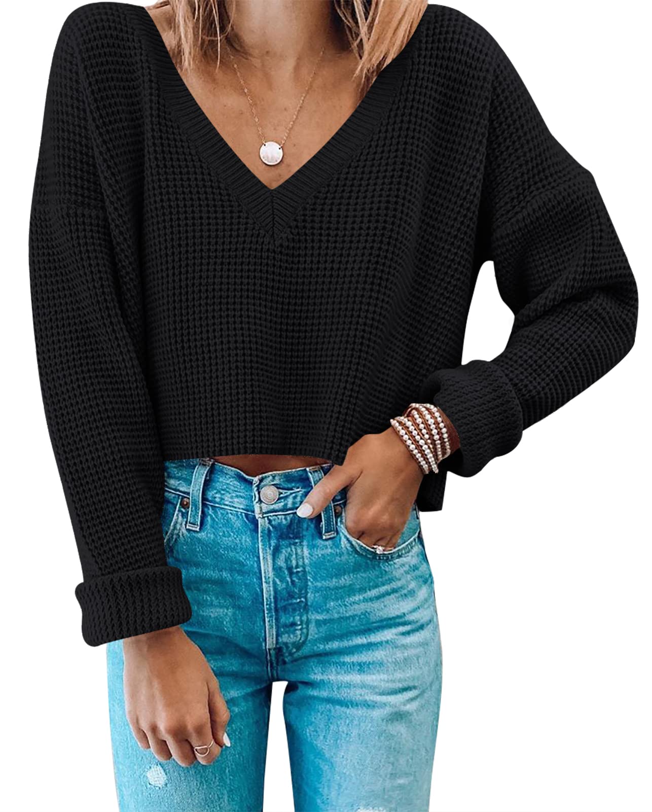 MIROL Women's Waffle Knit Cropped Top V Neck Long Sleeve Pullover Sweater Casual Solid Crop Sweatshirts