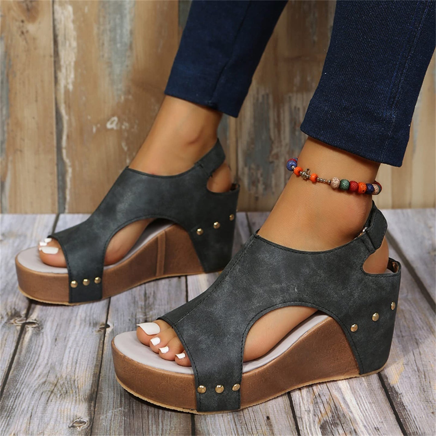 Wedge Sandals for Women Dressy Summer, Womens Open Toe Espadrilles Platform Sandals Buckle Ankle Strap Wedge Sandals Leather Sandals Casual Low Wedges Walking Strappy Slip on Sandals (A-Coffee, 9.5)