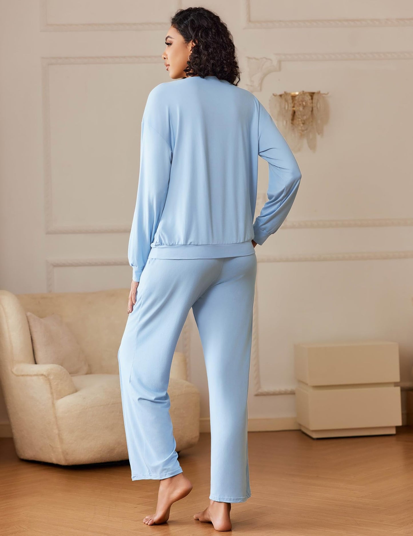 Ekouaer Pajama Sets for Women 2 Piece Lounge Sets Long Sleeve Sleepwear Top and Pants Cozy Pjs Loungewear with Pockets S-XXL