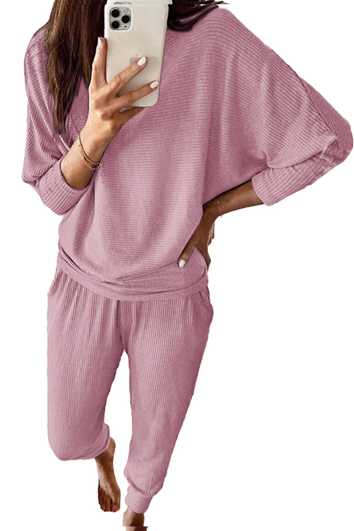 PRETTYGARDEN Women's Fall Fashion Outfits 2 Piece Sweatsuit Solid Color Long Sleeve Pullover Long Pants Lounge Set