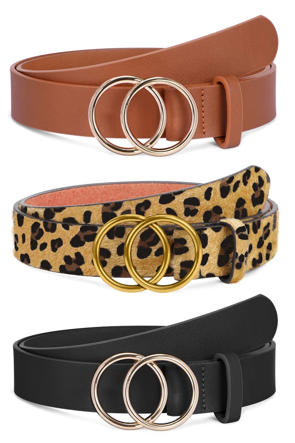 SANSTHS 2 Pack Women Leather Belts Faux Leather Jeans Belt with Double O-Ring Buckle Size up to 58 inch