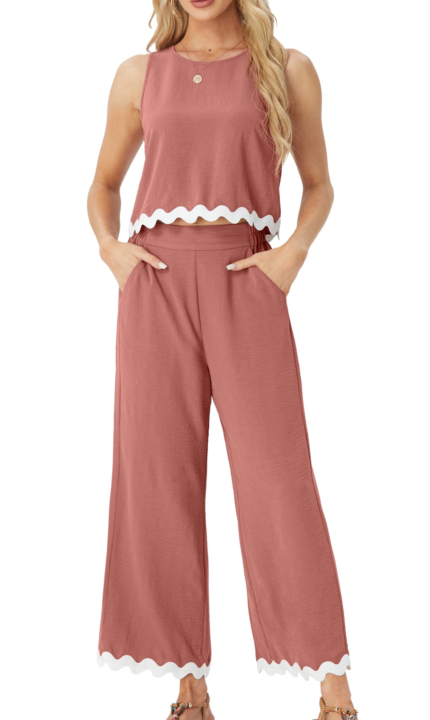 IWOLLENCE Women's Summer 2 Piece Outfits Set Round neck Sleeveless Tank Crop Top Wide Leg pants Set Pockets Jumpsuits