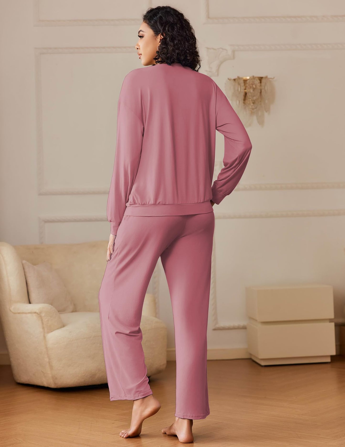 Ekouaer Pajama Sets for Women 2 Piece Lounge Sets Long Sleeve Sleepwear Top and Pants Cozy Pjs Loungewear with Pockets S-XXL