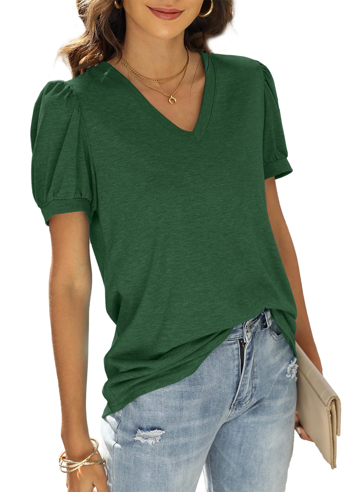 WIHOLL Womens Tops V Neck Summer Puff Sleeve Tshirts Fashion Casual