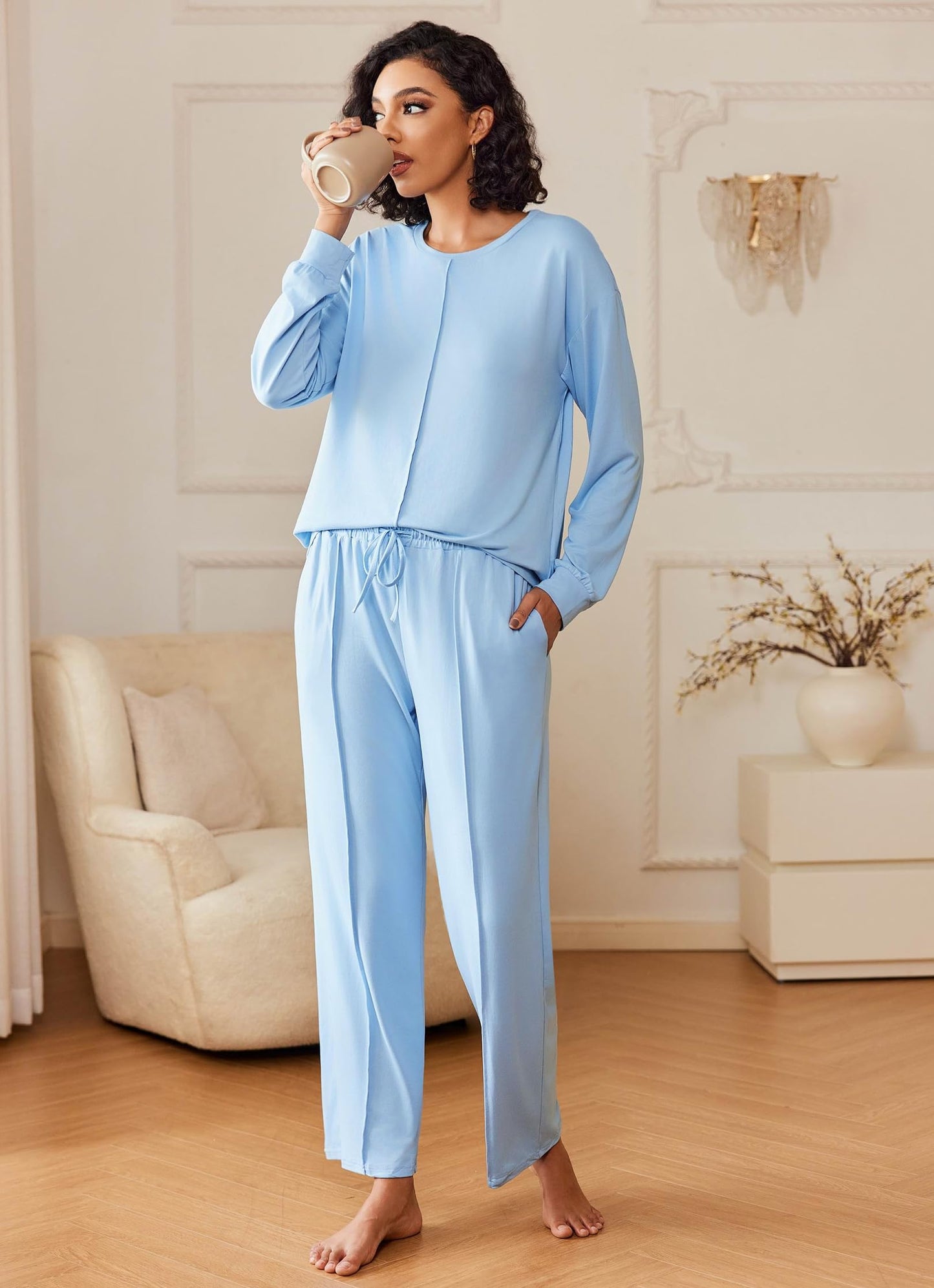 Ekouaer Pajama Sets for Women 2 Piece Lounge Sets Long Sleeve Sleepwear Top and Pants Cozy Pjs Loungewear with Pockets S-XXL