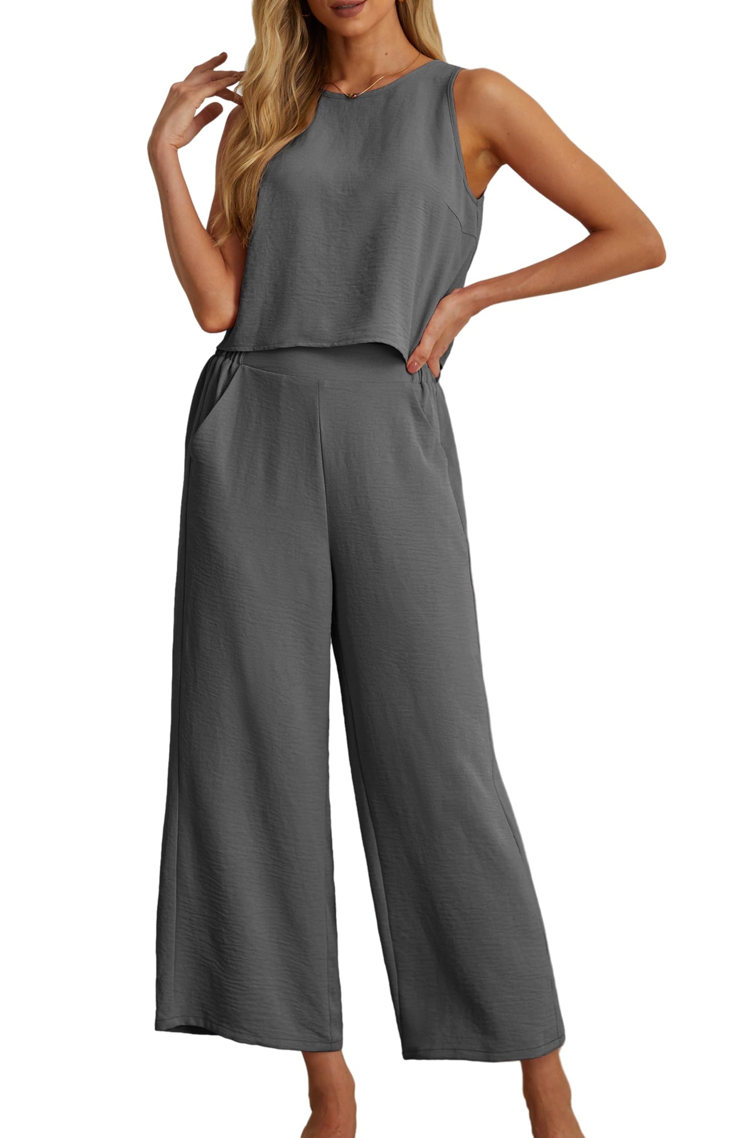 IWOLLENCE Women's Summer 2 Piece Outfits Set Round neck Sleeveless Tank Crop Top Wide Leg pants Set Pockets Jumpsuits