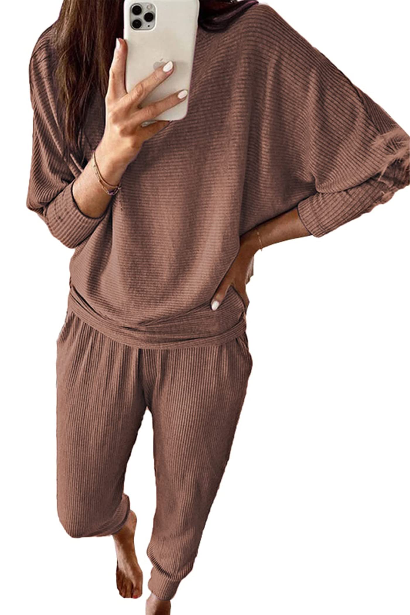 PRETTYGARDEN Women's Fall Fashion Outfits 2 Piece Sweatsuit Solid Color Long Sleeve Pullover Long Pants Lounge Set