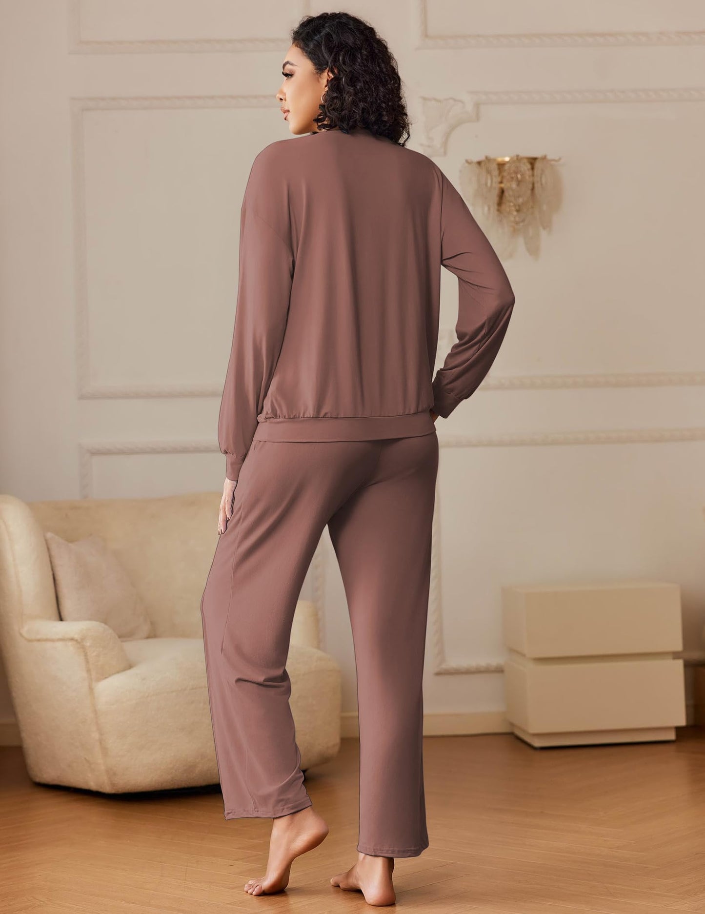 Ekouaer Pajama Sets for Women 2 Piece Lounge Sets Long Sleeve Sleepwear Top and Pants Cozy Pjs Loungewear with Pockets S-XXL