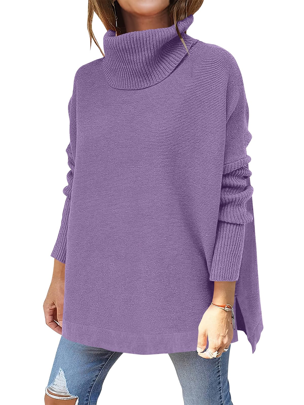 Caracilia Women's Turtleneck Oversized Sweaters 2024 Fall Long Batwing Sleeve Spilt Hem Tunic Pullover Sweater Knit Tops