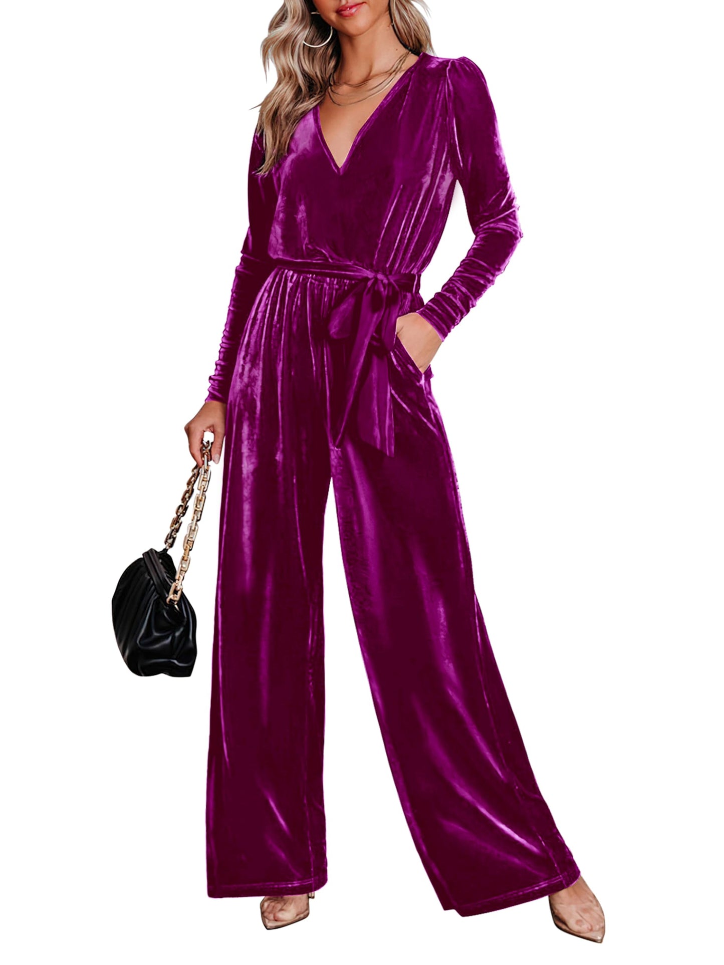 MASCOMODA 2024 Velvet Long Sleeve Wide Leg Jumpsuits for Women Dressy V Neck Belted Romper One Piece Fall Outfits with Pocket