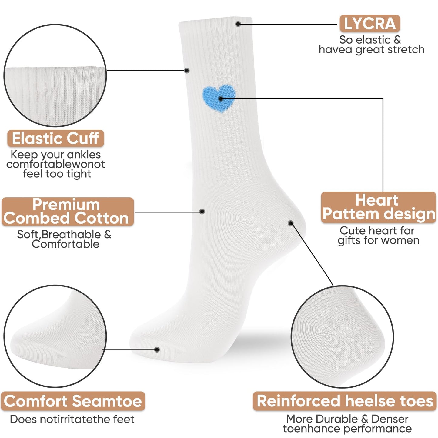 Corlap Women's Crew Calf Cotton Socks Long Fun Cute Heart Soft Dress Socks,Above Ankle High Casual Socks(5Pairs Gifts Box)