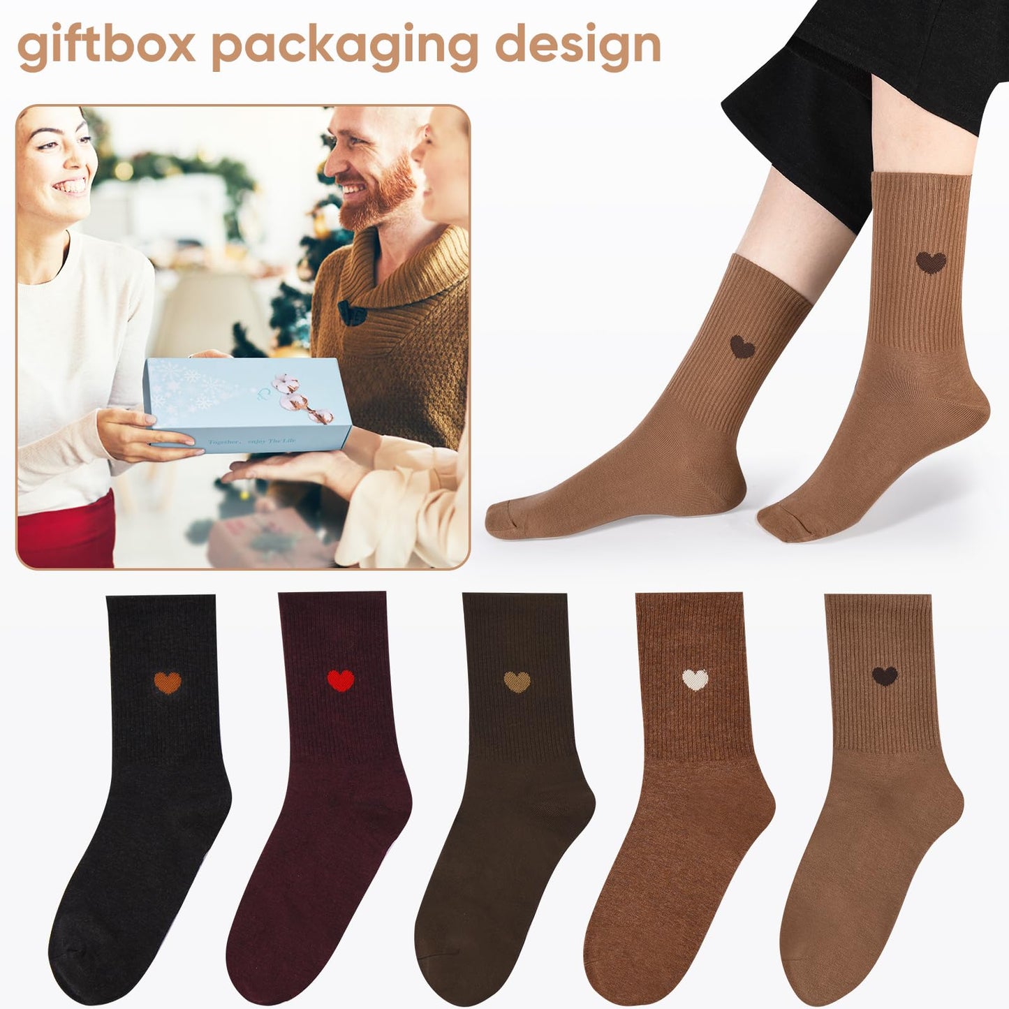 Corlap Women's Crew Calf Cotton Socks Long Fun Cute Heart Soft Dress Socks,Above Ankle High Casual Socks(5Pairs Gifts Box)