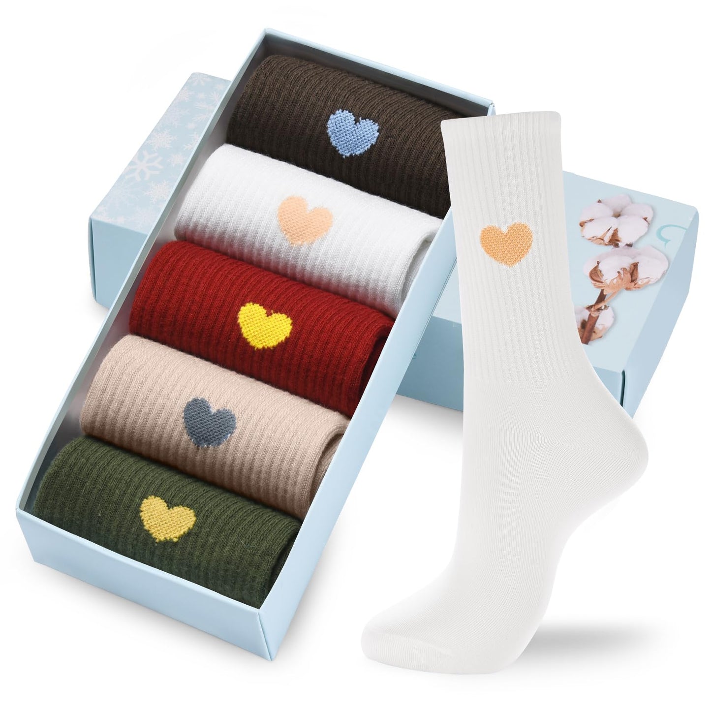 Corlap Women's Crew Calf Cotton Socks Long Fun Cute Heart Soft Dress Socks,Above Ankle High Casual Socks(5Pairs Gifts Box)