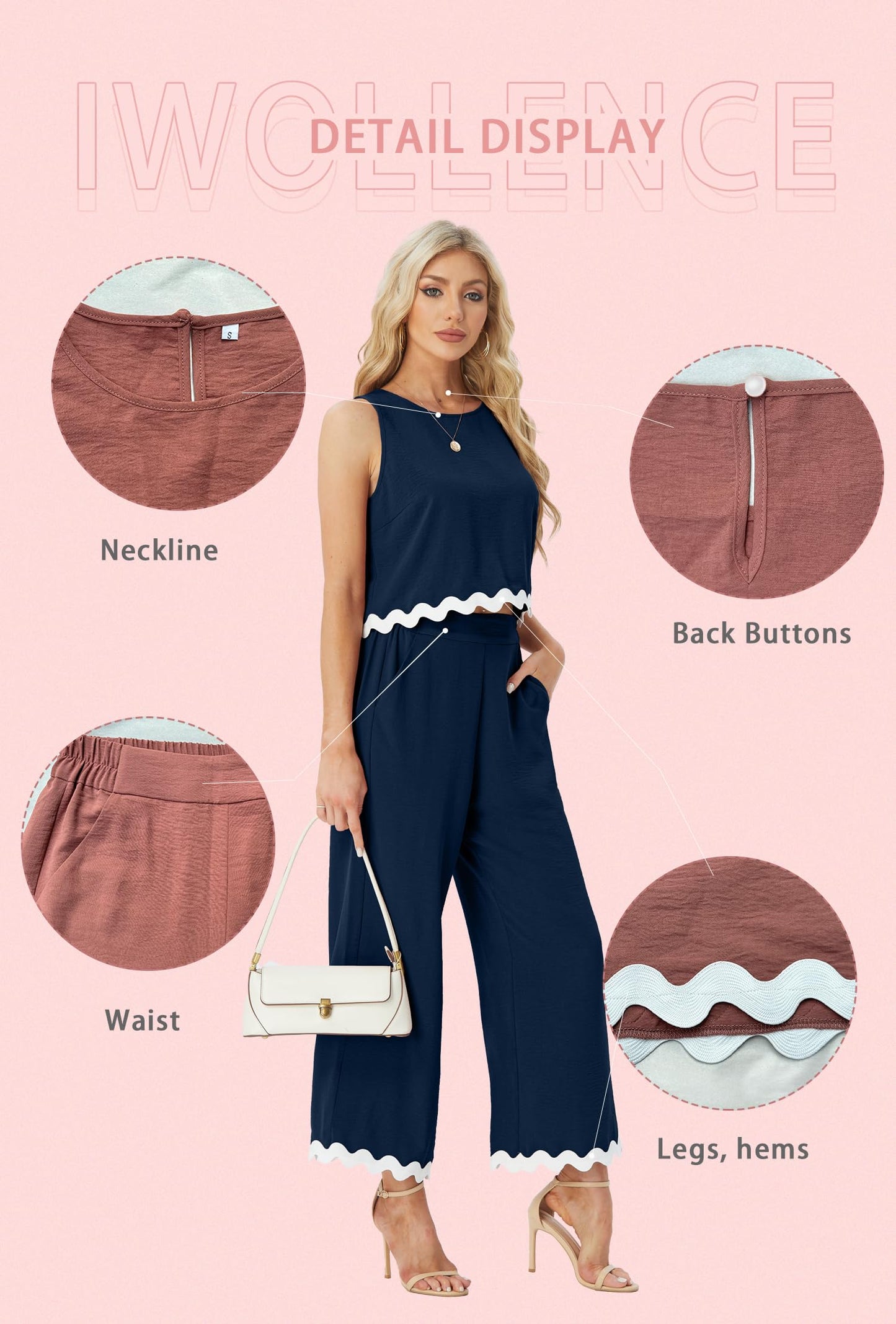 IWOLLENCE Women's Summer 2 Piece Outfits Set Round neck Sleeveless Tank Crop Top Wide Leg pants Set Pockets Jumpsuits
