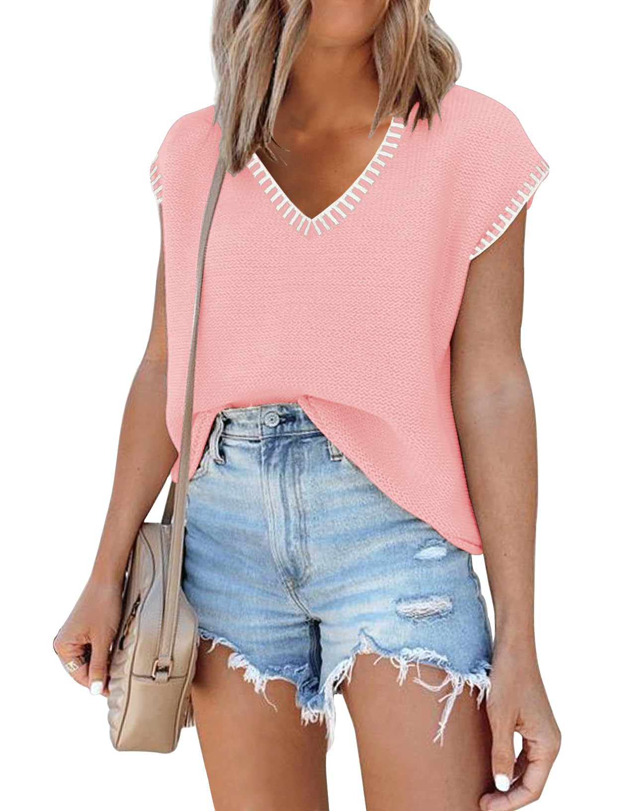 SAUKOLE Women's Sleeveless Sweater Vest Casual V Neck Cap Sleeve Knit Pullover Tank Tops 2024 Spring Clothes