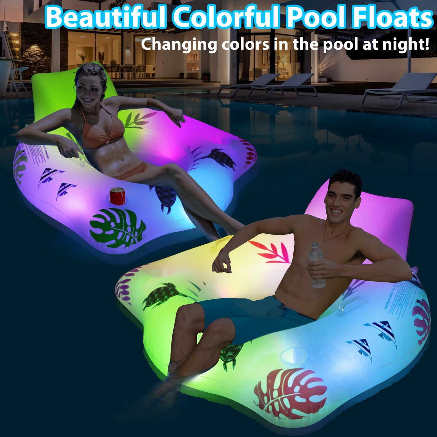 Inflatable Pool Floats Chair with Color Changing Light, Solar Powered Water Floats for Adults with 2 Cup Holders & 2 Armrests, Beach Float Pool Sofa, Pool Raft Lounge Pool Floaties for Adult