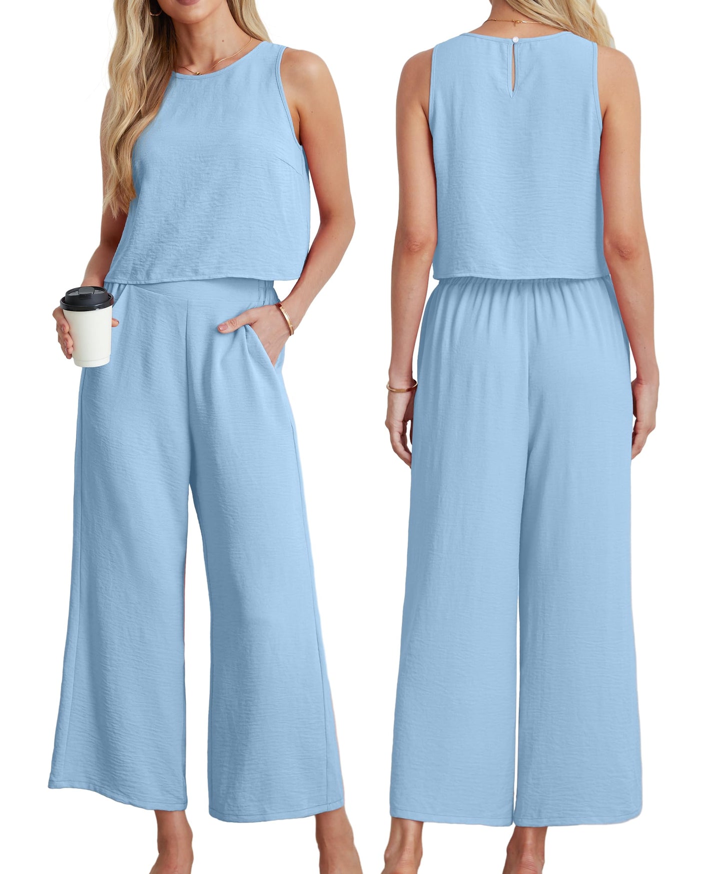IWOLLENCE Women's Summer 2 Piece Outfits Set Round neck Sleeveless Tank Crop Top Wide Leg pants Set Pockets Jumpsuits