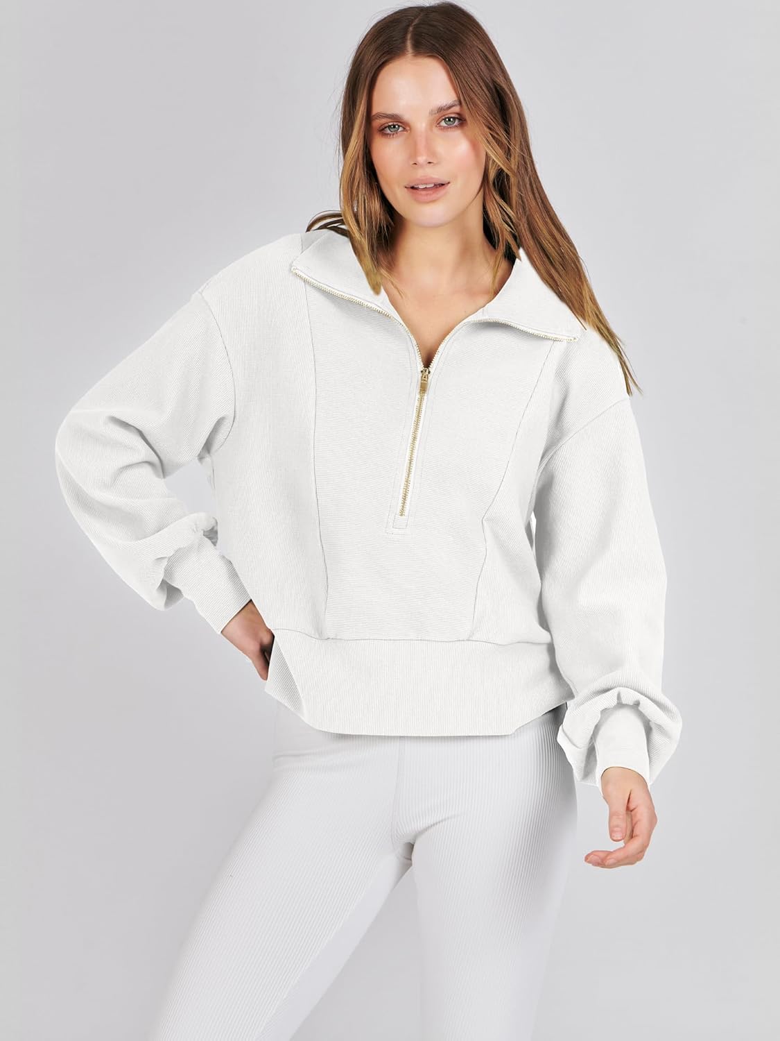 ANRABESS Women Half Zip Cropped Sweatshirt Casual Fleece Quarter Zip Hoodies Knit Pullover Top 2024 Fall Outfits Clothes White 1050baise-M