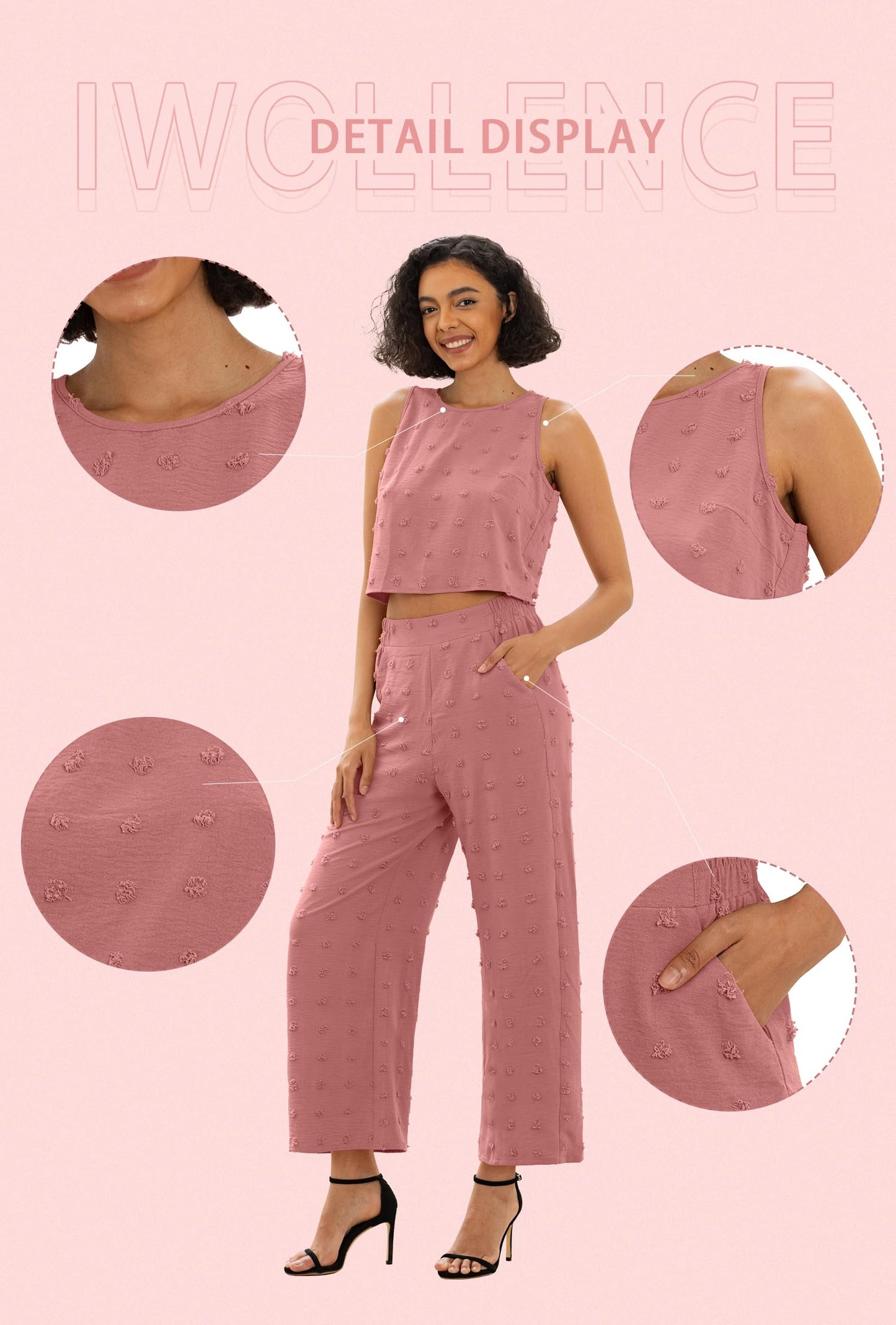 IWOLLENCE Women's Summer 2 Piece Outfits Set Round neck Sleeveless Tank Crop Top Wide Leg pants Set Pockets Jumpsuits