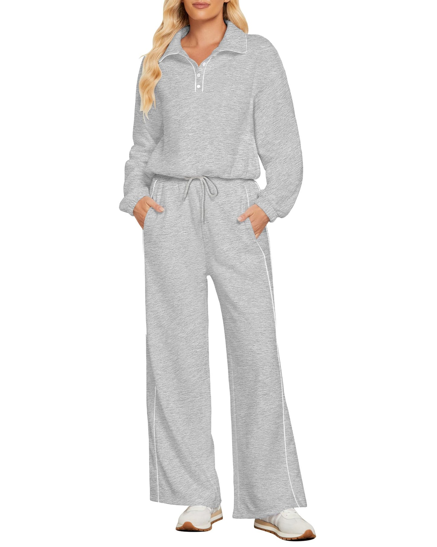 GRAPENT Sweatsuits Two Piece Sets for Women High Wasited Wide Leg Pants Fleece Button Pullover Sweatshirt Lounge Outfits
