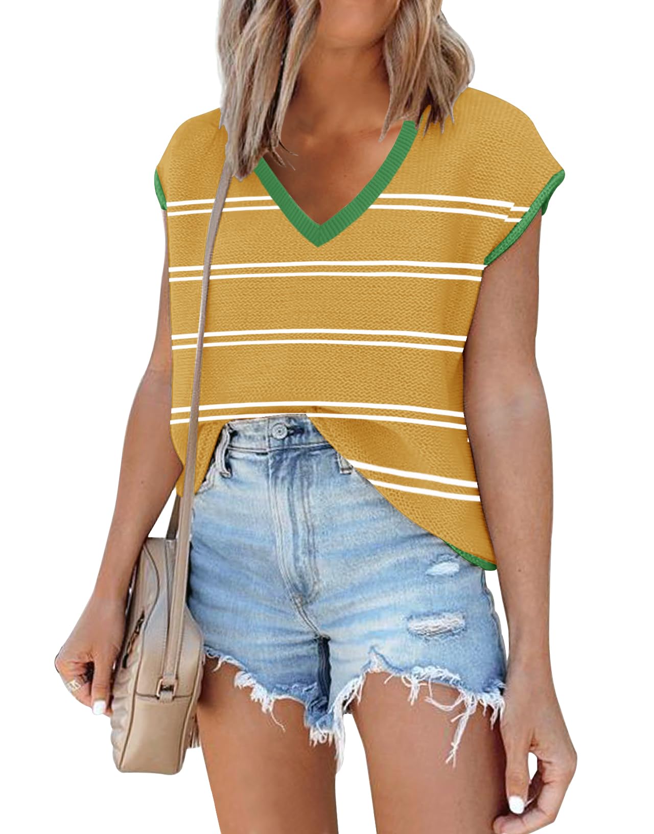 SAUKOLE Women's Sleeveless Sweater Vest Casual V Neck Cap Sleeve Knit Pullover Tank Tops 2024 Spring Clothes