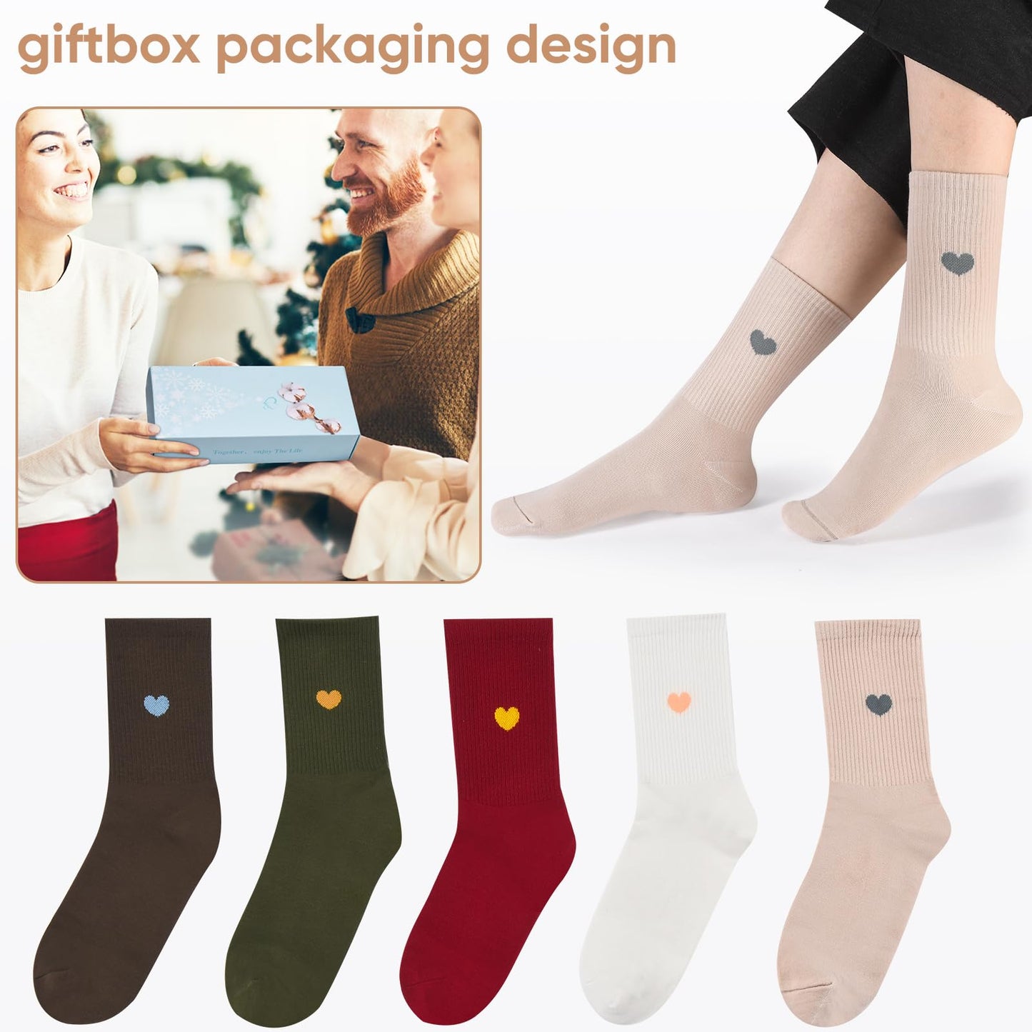 Corlap Women's Crew Calf Cotton Socks Long Fun Cute Heart Soft Dress Socks,Above Ankle High Casual Socks(5Pairs Gifts Box)