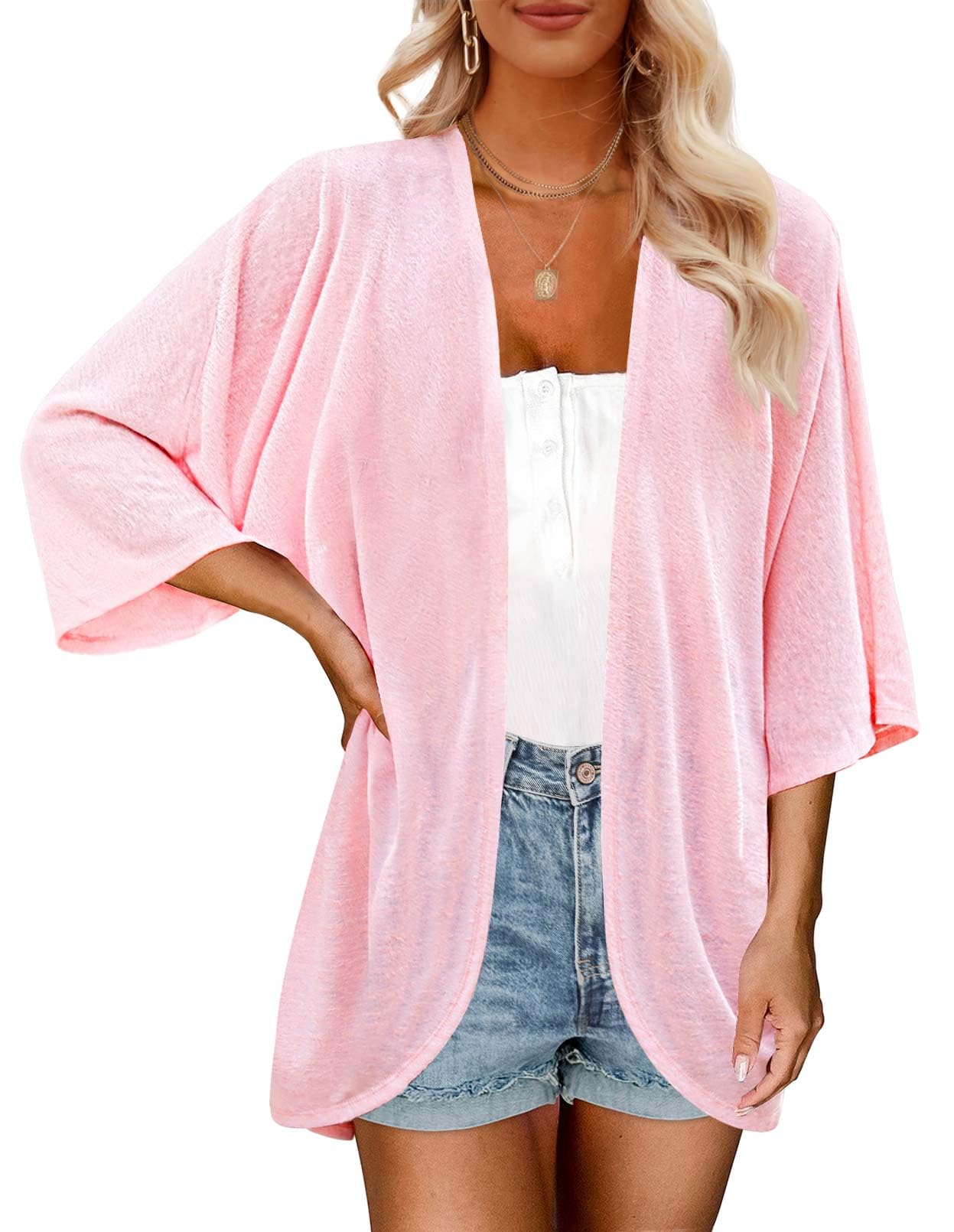 MEROKEETY Women's Lightweight Cardigan Kimono Short Sleeve Open Front Casual Loose Beach Cover Ups