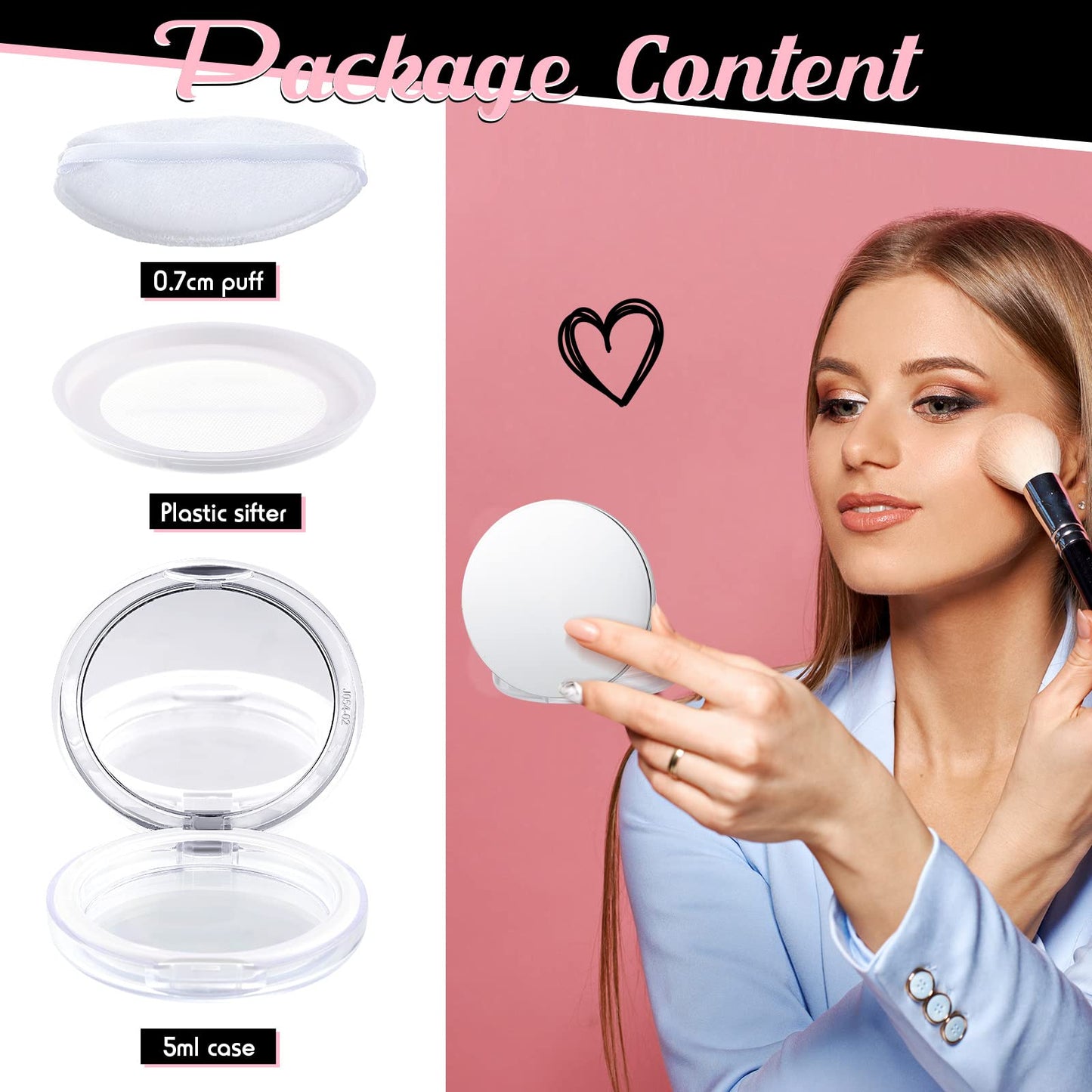 Cunhill 2 Pcs Loose Powder Container with Puff 0.17/0.7 oz Reusable Plastic Empty Powder Case Portable DIY Empty Makeup Powder Container with Mirror and Net Sifter(Pink, Silver)