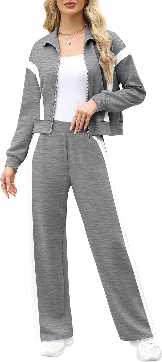 XIEERDUO Lounge Sets for Women 2024 Sweatsuit 2 Piece Outfits Sweatshirt Wide Leg Sweatpant Tracksuit Matching Set