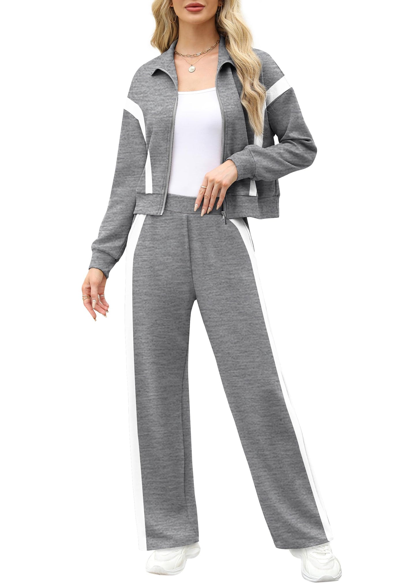 XIEERDUO Lounge Sets for Women 2024 Sweatsuit 2 Piece Outfits Sweatshirt Wide Leg Sweatpant Tracksuit Matching Set