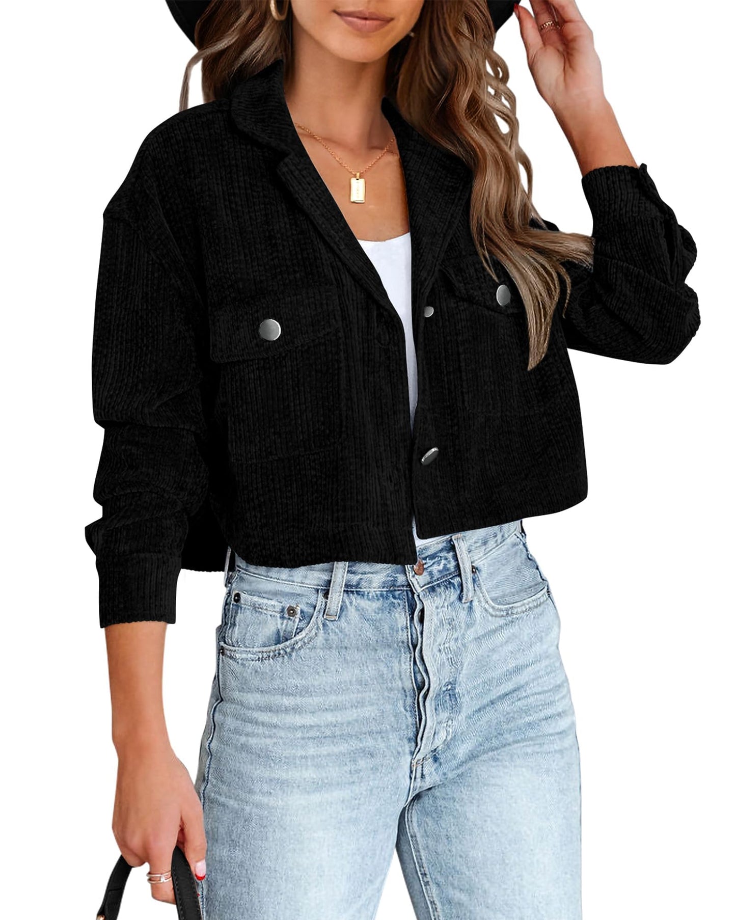 BTFBM Women's Corduroy Cropped Jacket 2024 Winter Fall Lapel Button Down Casual Short Shacket Jackets Coats with Pockets