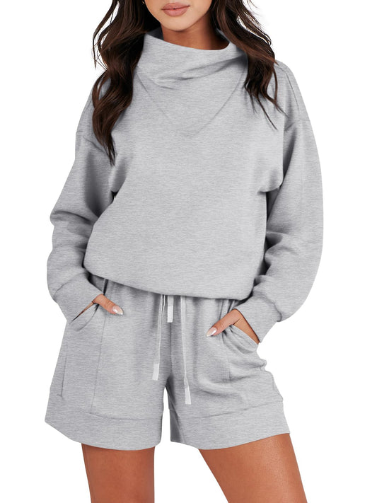 Caracilia Women 2 Piece Outfits Loose Sweatsuits Fashion Cowl Neck Sweatshirts & Shorts Set Lounge Wear Jogger Tracksuit Set