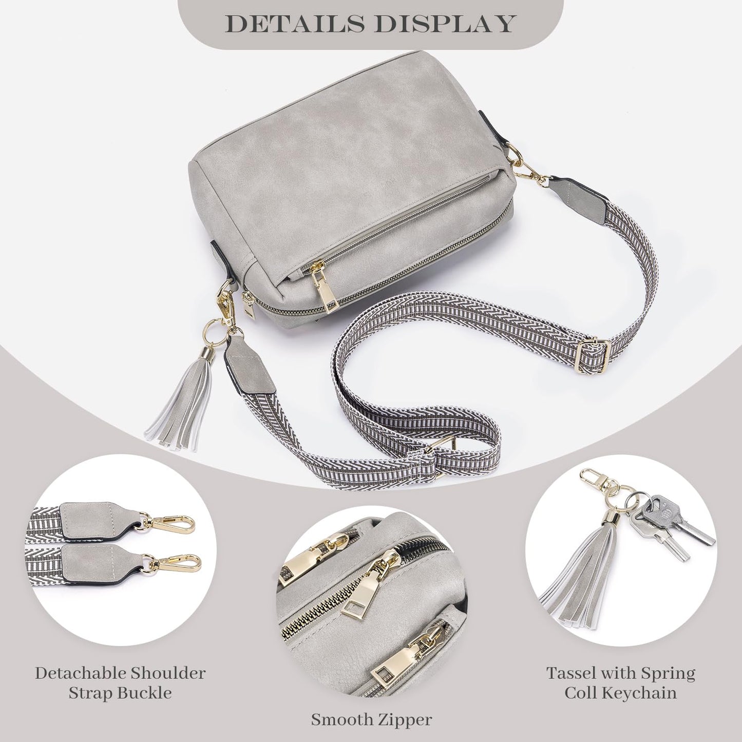 Triple Zip Small Crossbody Bag for women,Wide Strap Cell Phone Purse Shoulder Handbag Wallet with Credit Card Slots