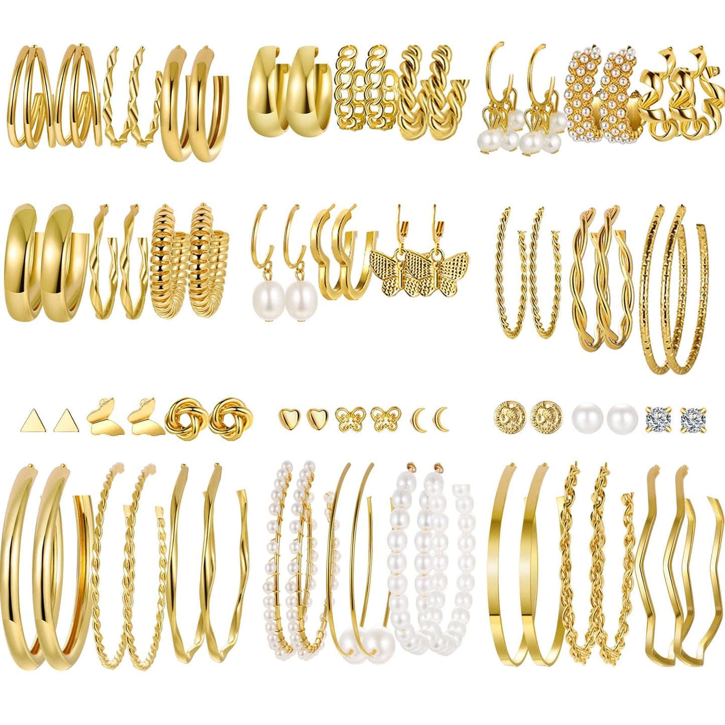 45 Pairs Gold Hoop Earrings for Women, Chunky Twisted Small Big Hoops Earring Packs Set, Earrings for women multipack, Fashion Trendy Earrings Jewelry for Birthday Party Christmas Gift