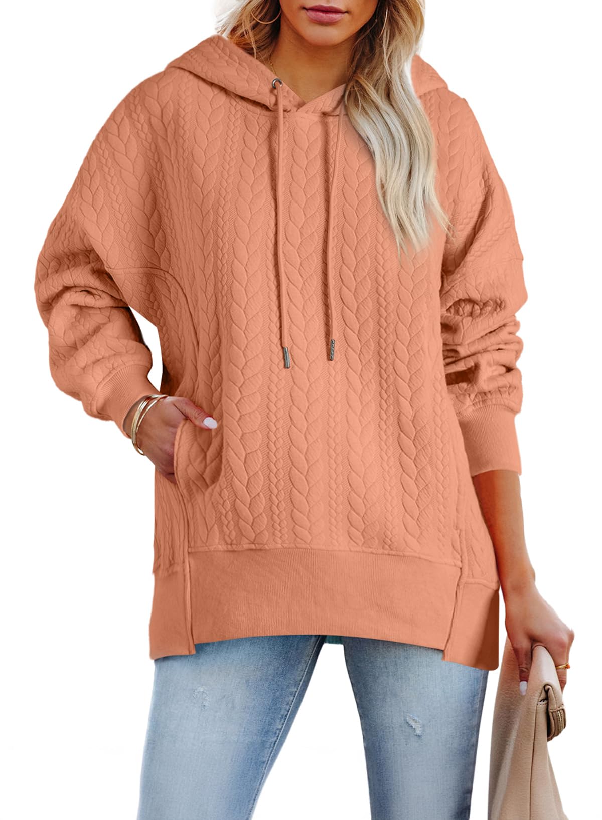 AlvaQ Womens Oversized Hoodies Fall Winter Casual Quilted Long Sleeve Drawstring Hooded Pocketed Sweatshirts Pullover Top