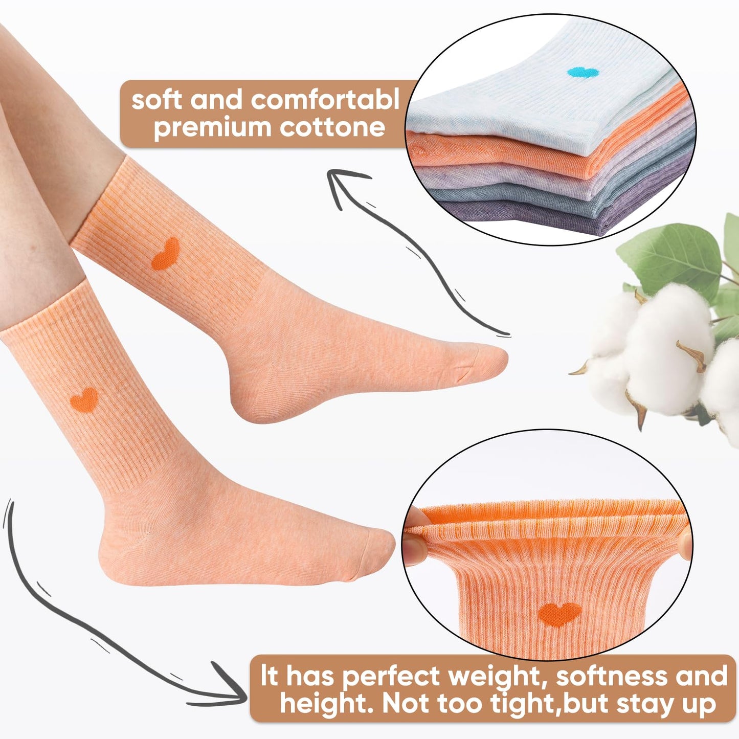Corlap Women's Crew Calf Cotton Socks Long Fun Cute Heart Soft Dress Socks,Above Ankle High Casual Socks(5Pairs Gifts Box)