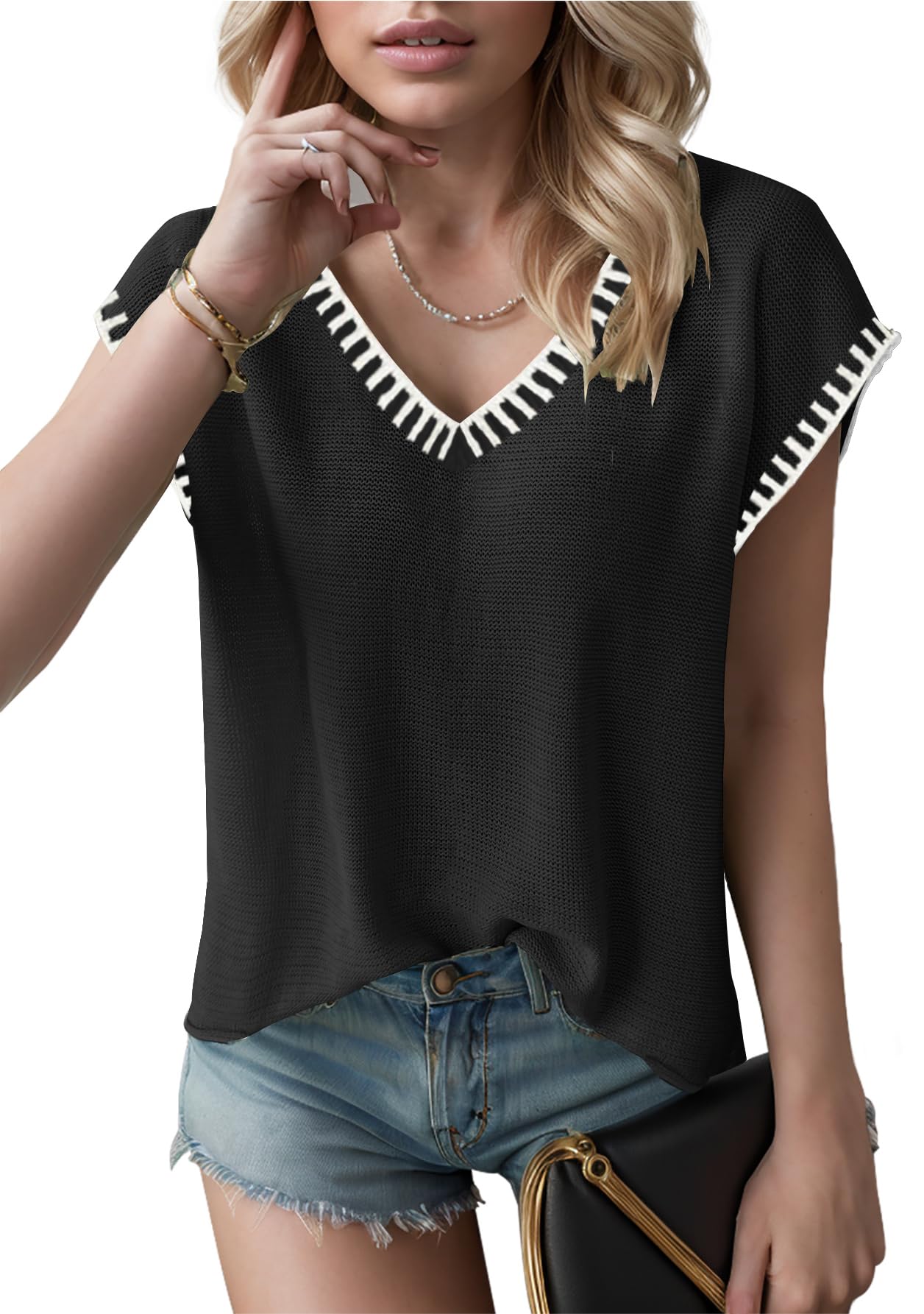 SAUKOLE Women's Sleeveless Sweater Vest Casual V Neck Cap Sleeve Knit Pullover Tank Tops 2024 Spring Clothes