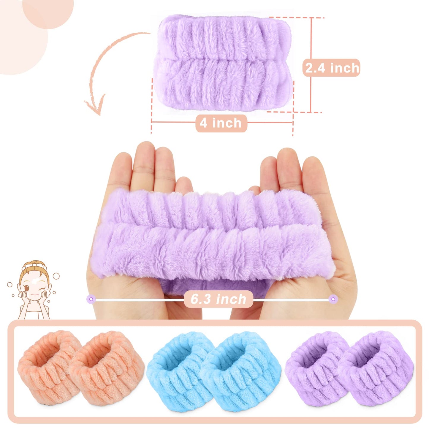 Microfiber Wrist Spa Wash Towel Bands - Absorbent Face Washing Sweatbands for Girls to Prevent Water from Spilling Down Arms, 6PCS