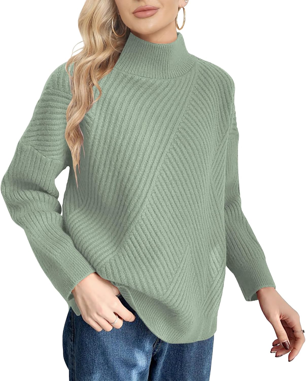 Womens Long Sleeve Sweater Loose Casual Turtleneck Soft Knitted Outwear Solid Knit Pullover Top