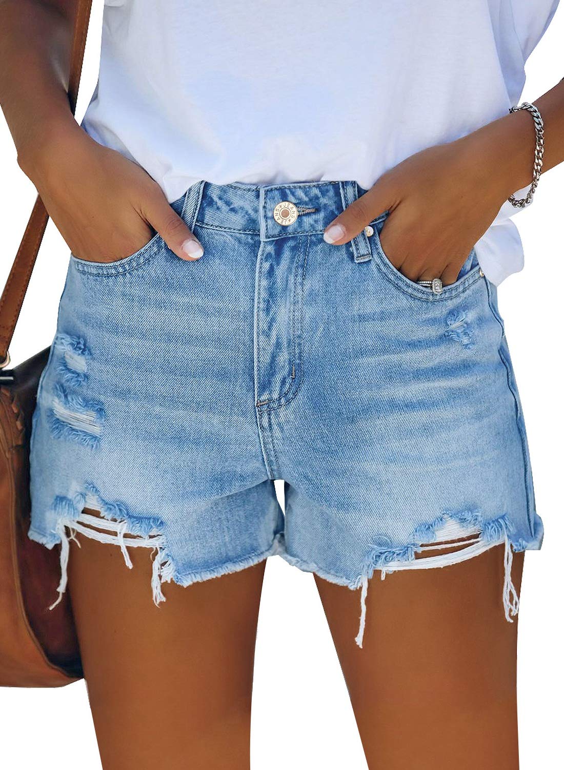 GRAPENT Women's High Waisted Ripped Stretchy Denim Hot Short Summer Jean Shorts