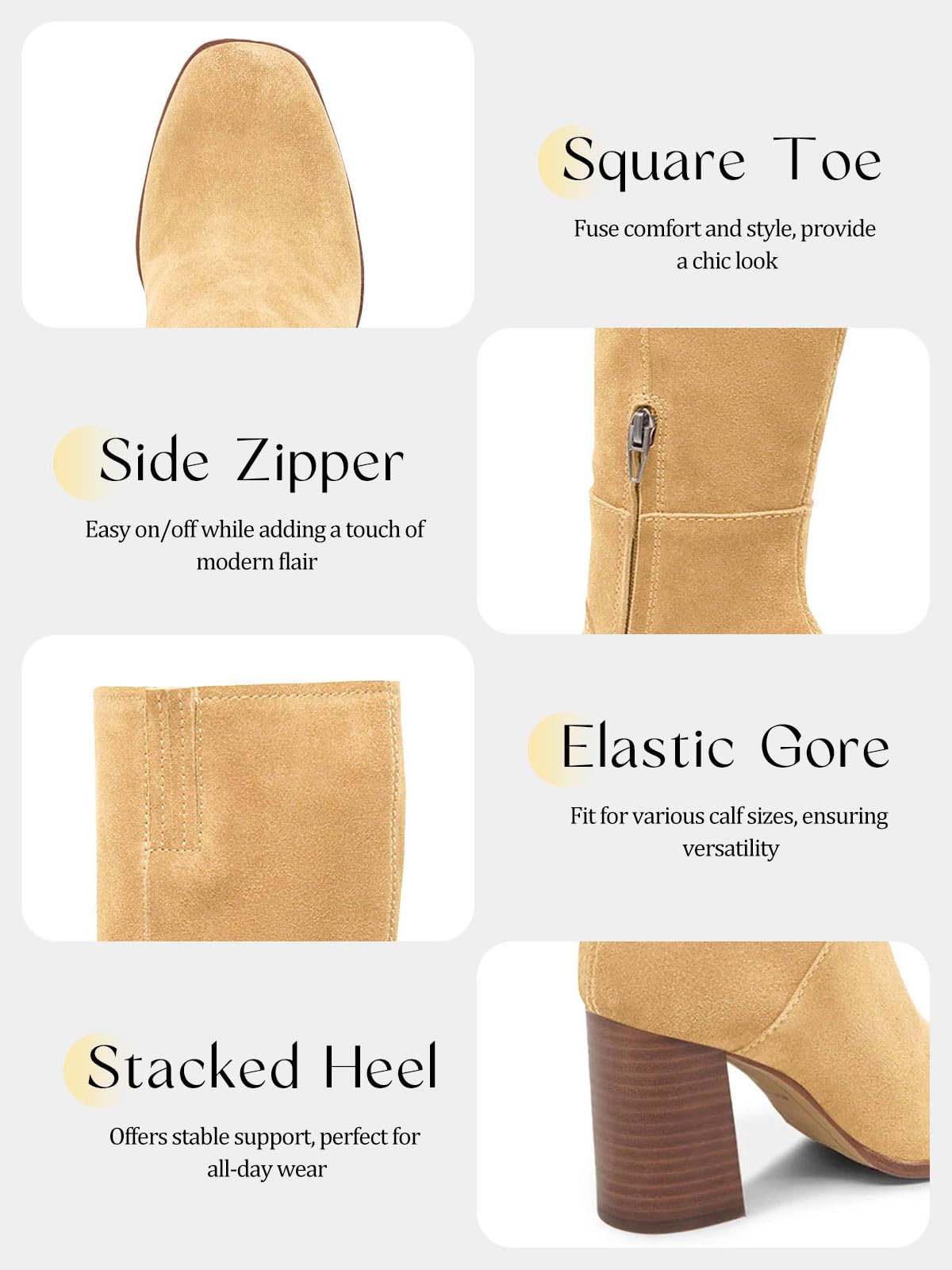 Coutgo Womens Knee High Boots Square Toe Chunky Block Heel Side Zipper Faux Suede Long Boots Fall Winter Shoes