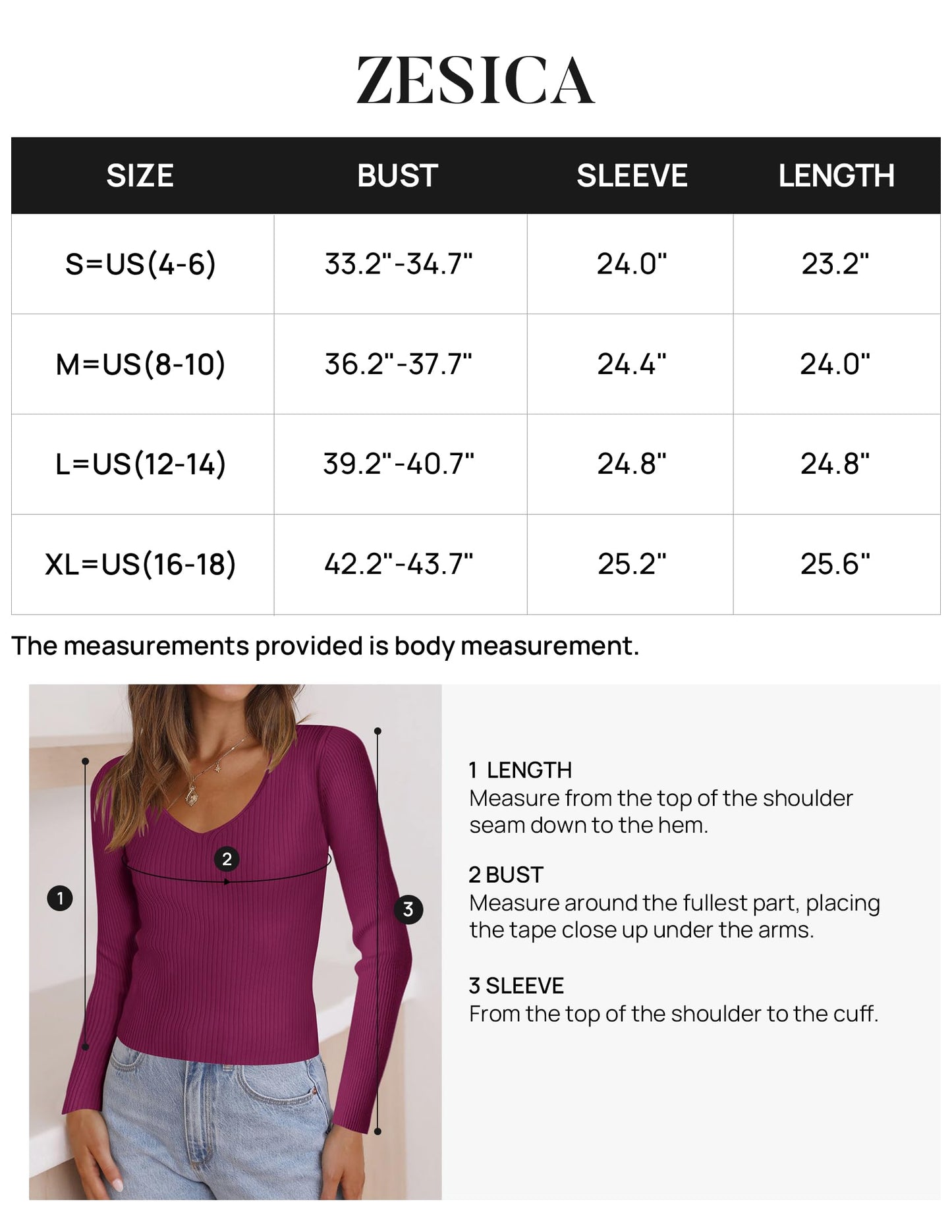 ZESICA Women's 2024 Fall Long Sleeve V Neck T Shirts Ribbed Knit Sweater Slim Fit Solid Basic Casual Tee Tops