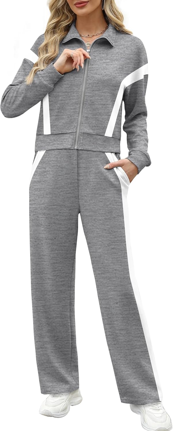 XIEERDUO Lounge Sets for Women 2024 Sweatsuit 2 Piece Outfits Sweatshirt Wide Leg Sweatpant Tracksuit Matching Set