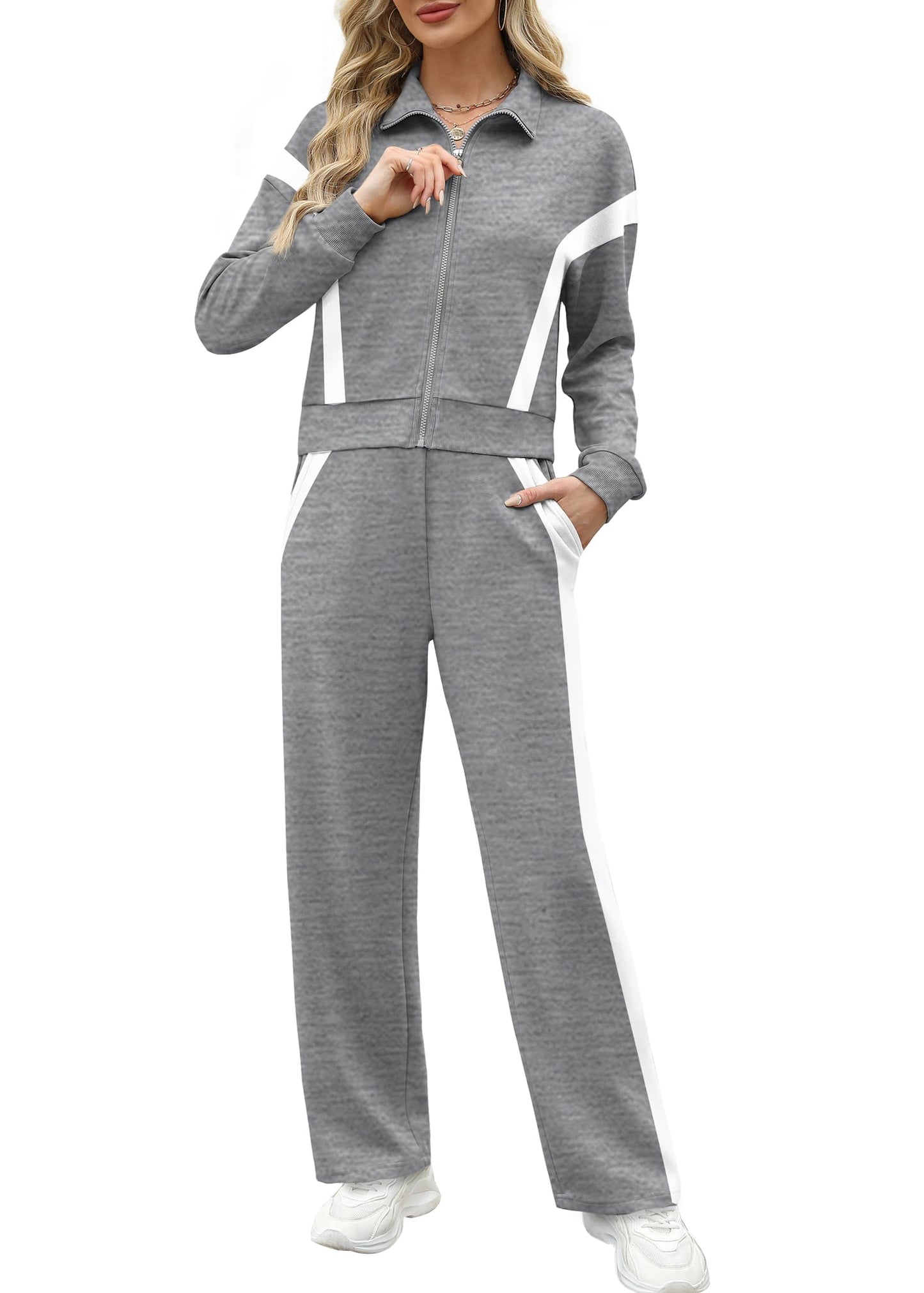 XIEERDUO Lounge Sets for Women 2024 Sweatsuit 2 Piece Outfits Sweatshirt Wide Leg Sweatpant Tracksuit Matching Set