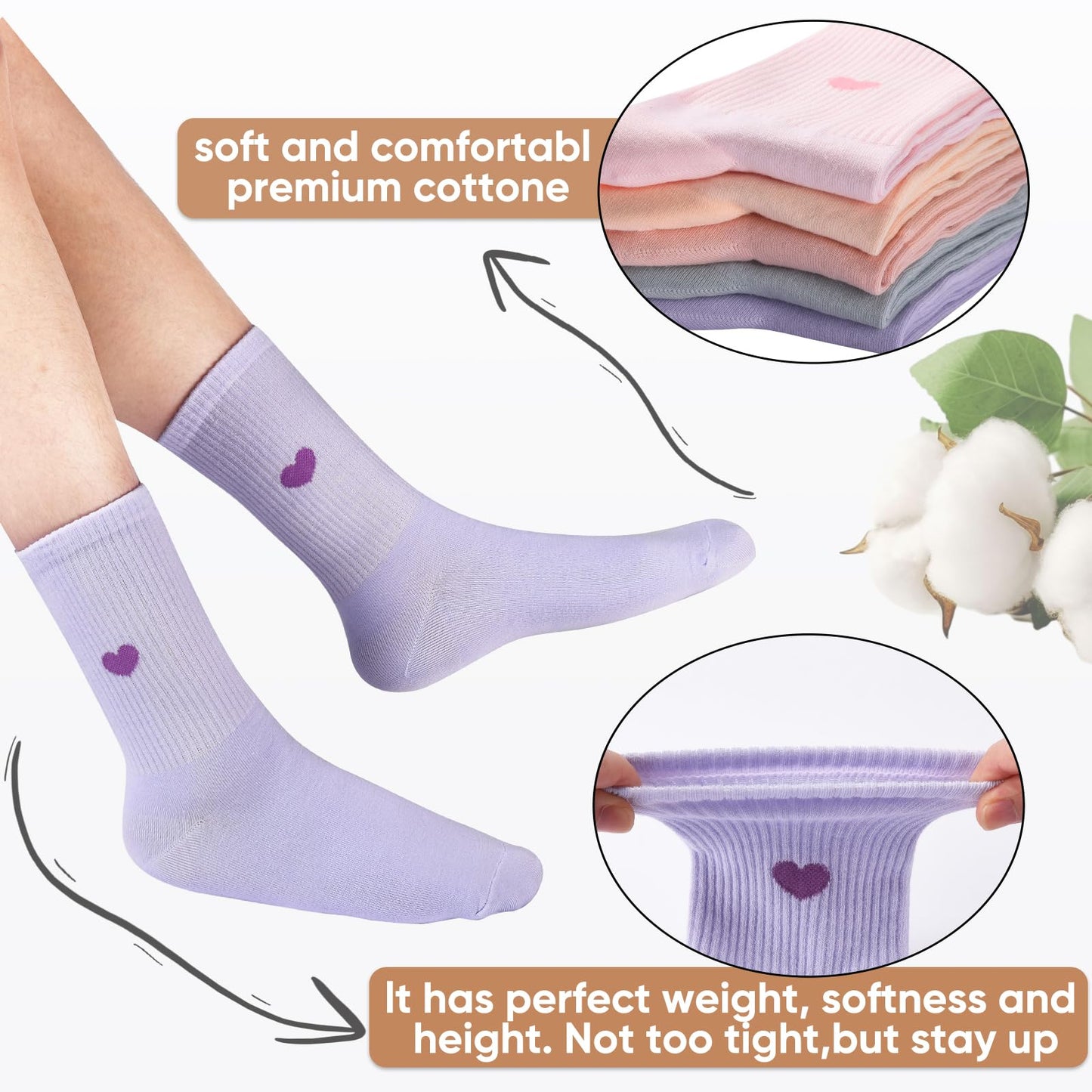 Corlap Women's Crew Calf Cotton Socks Long Fun Cute Heart Soft Dress Socks,Above Ankle High Casual Socks(5Pairs Gifts Box)