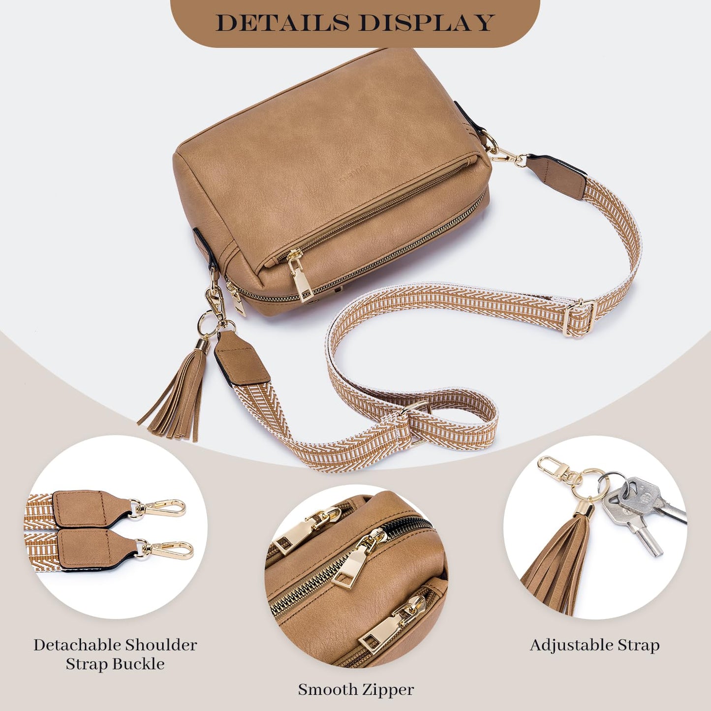 Triple Zip Small Crossbody Bag for women,Wide Strap Cell Phone Purse Shoulder Handbag Wallet with Credit Card Slots