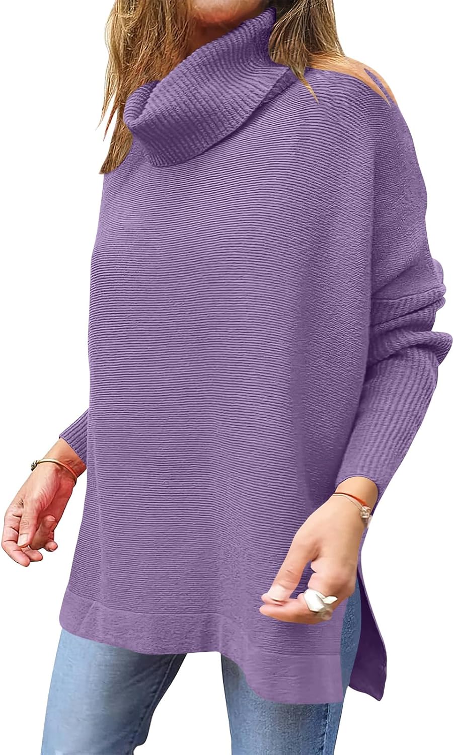 Caracilia Women's Turtleneck Oversized Sweaters 2024 Fall Long Batwing Sleeve Spilt Hem Tunic Pullover Sweater Knit Tops