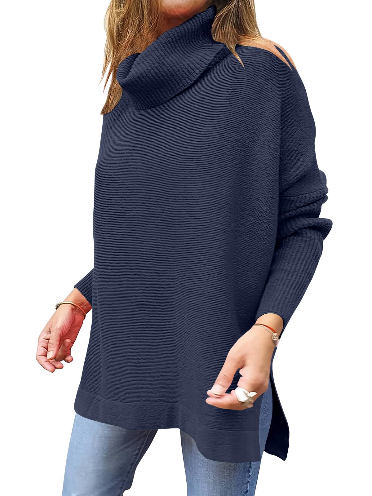 Caracilia Women's Turtleneck Oversized Sweaters 2024 Fall Long Batwing Sleeve Spilt Hem Tunic Pullover Sweater Knit Tops